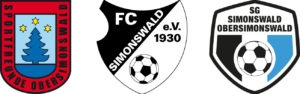 Wappen der relevanten Organisationen: Sportfreunde Obersimonswald, FC Simonswald und SG Simonswald-Obersimonswald